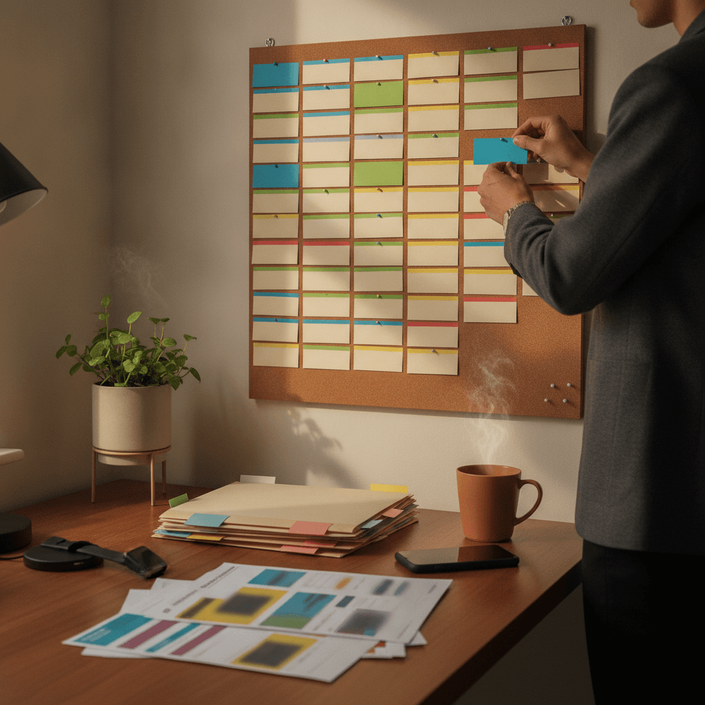 Mãos organizando um quadro de busca de emprego com cartões coloridos e documentos sem texto, celular virado para baixo e ambiente de home-office.