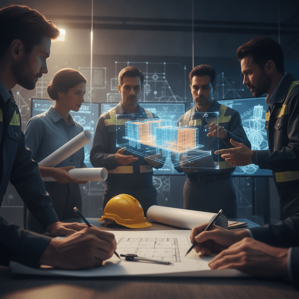 Equipe multidisciplinar de engenharia em sala técnica analisando modelo 3D e plantas, com capacetes e pranchetas sobre a mesa.