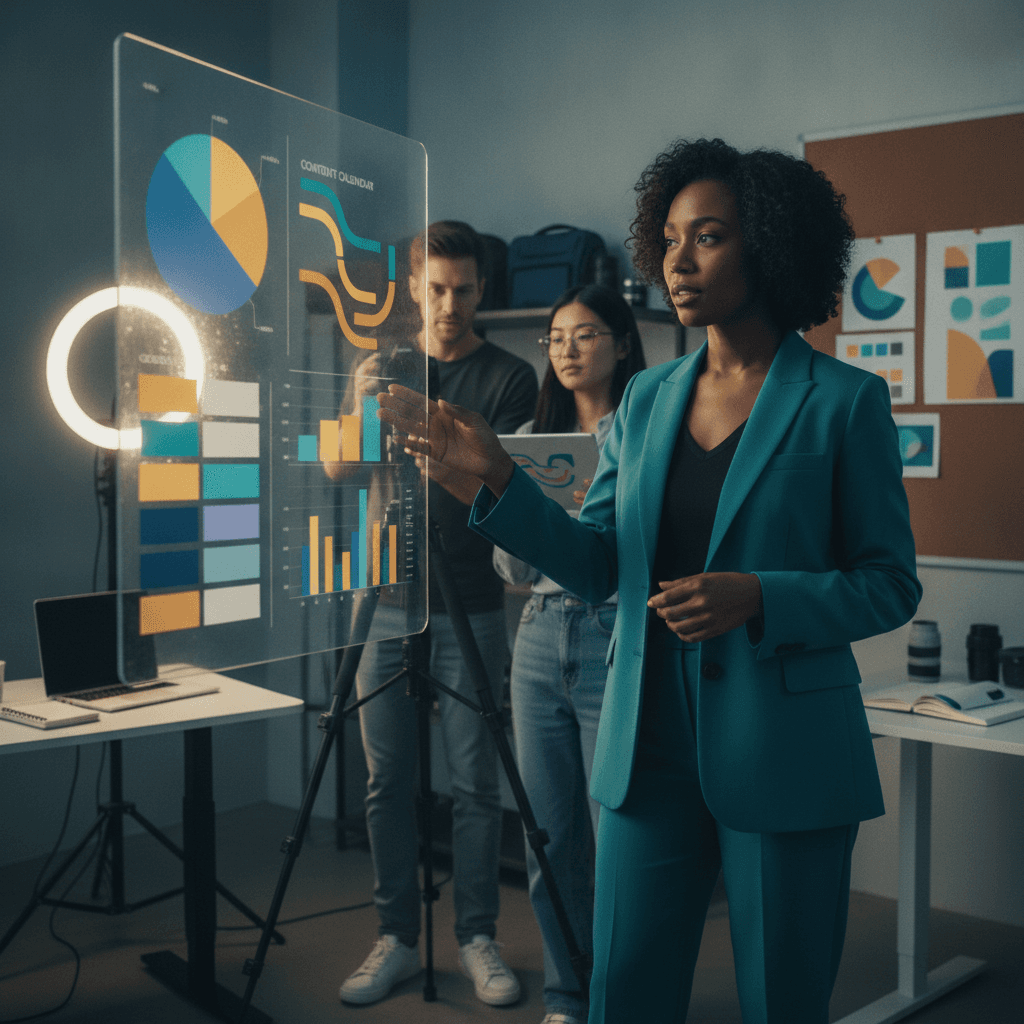 Criadora em ambiente profissional apresentando estratégia de marketing de influência a equipe, com tela de gráficos coloridos, câmera e moodboard.