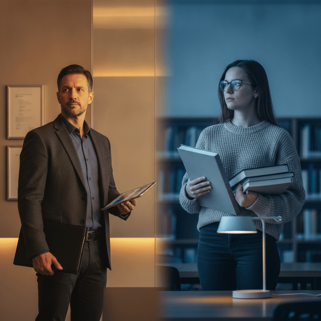 Composição dividida entre profissional em ambiente corporativo e candidato a mestrado em biblioteca, simbolizando pós profissional versus mestrado.