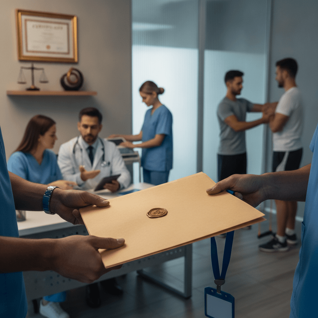 Close das mãos trocando pasta carimbada e crachá em clínica, com profissionais de saúde ao fundo, quadro de certificado e pequena balança da justiça sugerindo registro e limites legais.
