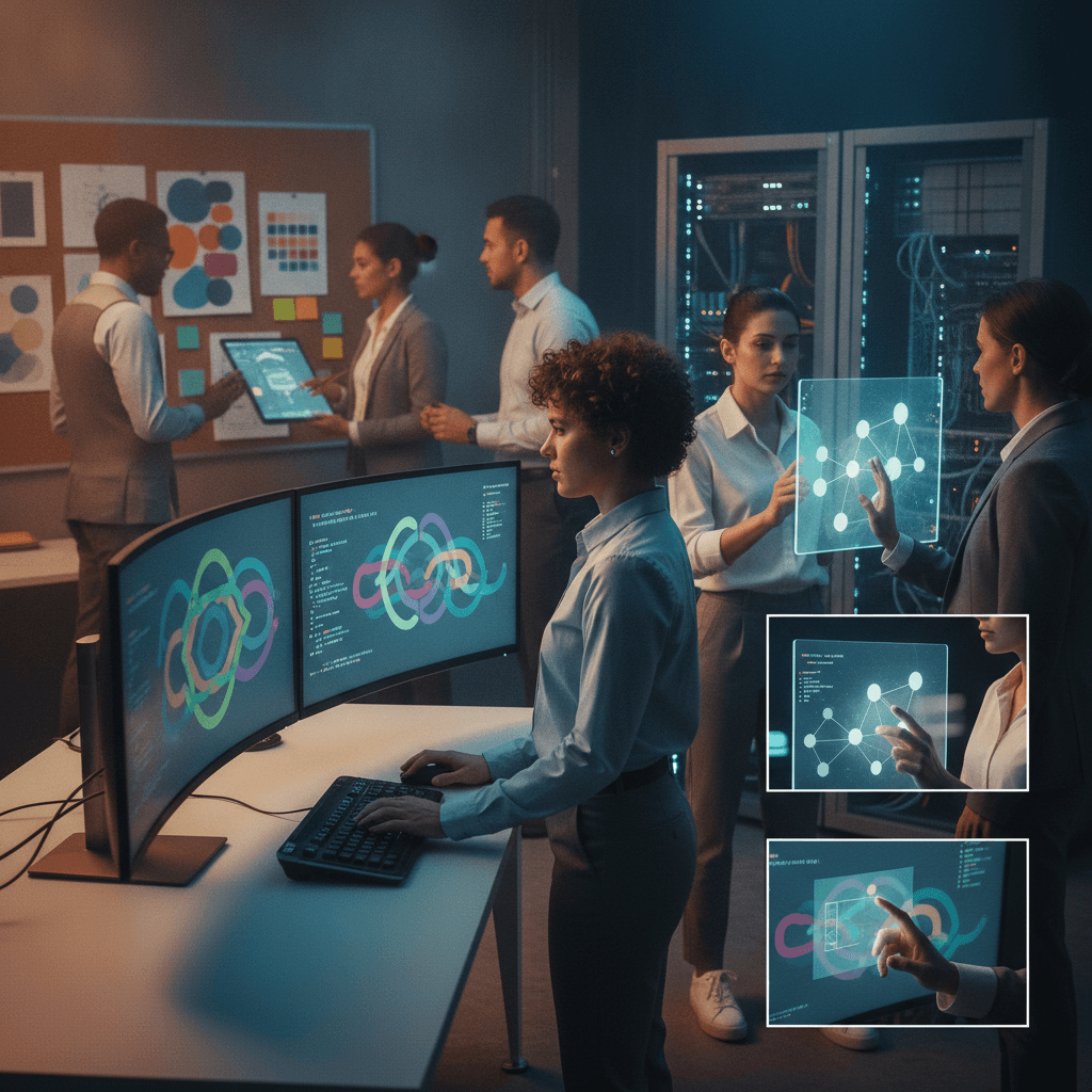 Equipe de tecnologia em ambiente real, cada profissional exercendo sua função (dev, data, UX, DevOps, PM) em colaboração.