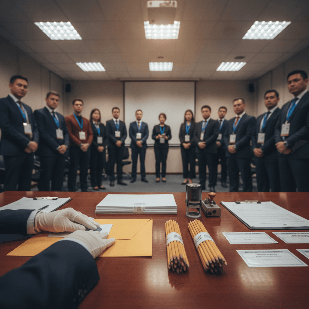 Sala de capacitação da Rede Nacional de Certificadores: instrutor e close-up de mãos lacrando envelope de prova.