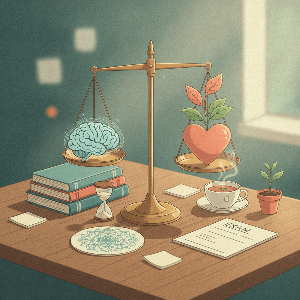Ilustração editorial de uma balança equilibrando cérebro e coração-planta, cercada por livros, ampulheta e elementos de autocuidado, simbolizando equilíbrio emocional nos estudos.