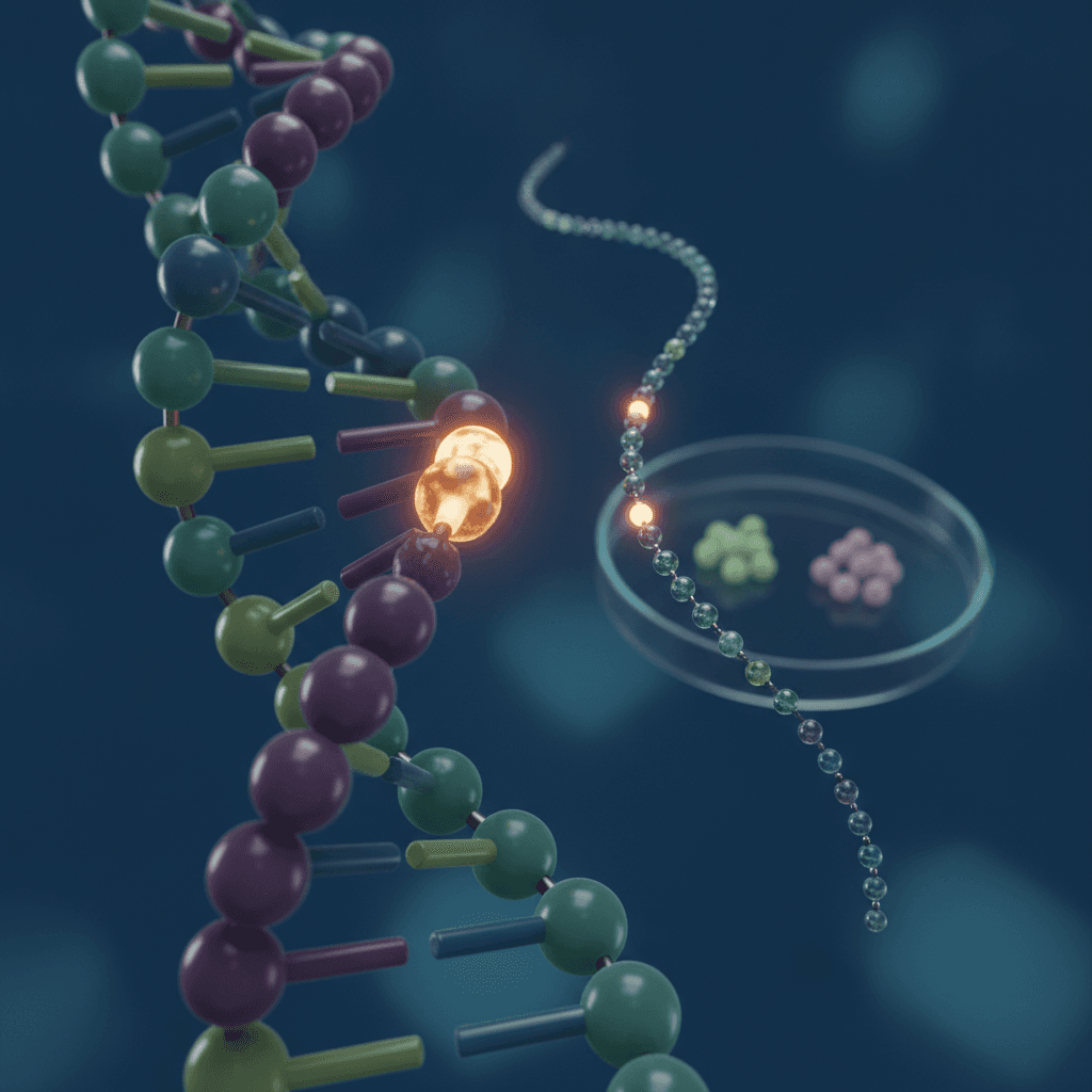 Close-up ilustrativo de dupla-hélice de DNA com uma base mutada iluminada, fio de RNA próximo e placa de Petri ao fundo mostrando diferenças celulares.
