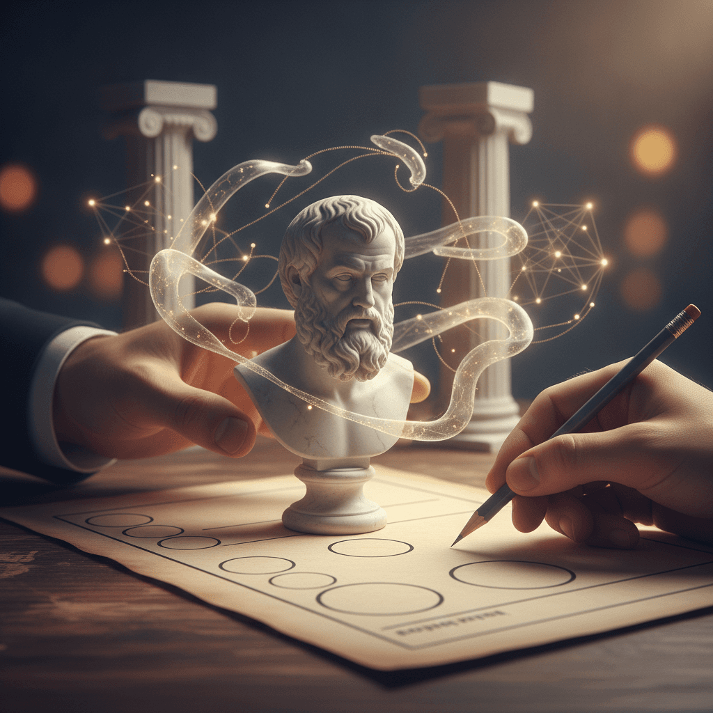 Ilustração editorial: mãos com busto socrático sobre prova e formas abstratas que sugerem questionamentos.
