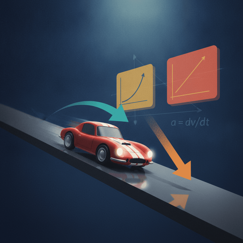 Ilustração editorial de um carrinho em rampa com setas coloridas indicando velocidade e aceleração, gráficos e fórmula discretos, iluminação cinematográfica.
