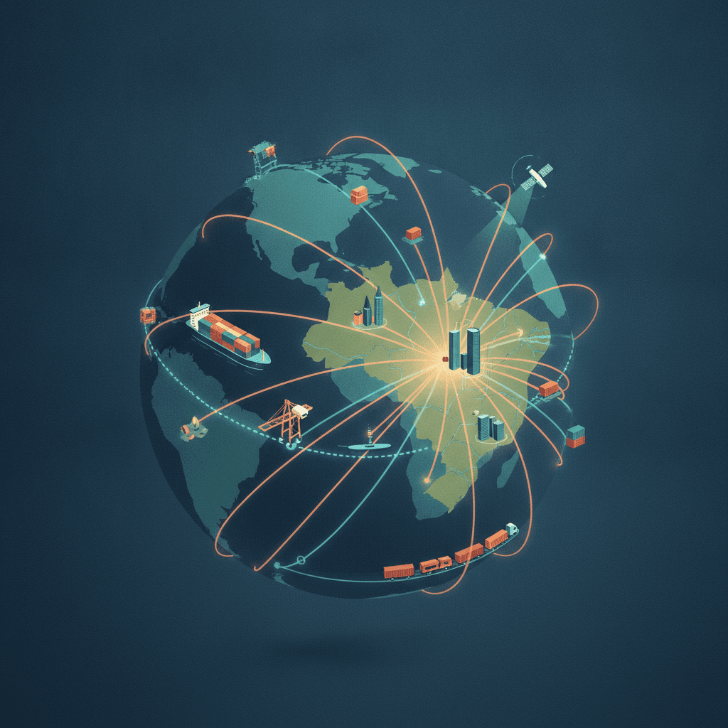 Ilustração editorial de mapa/globo mostrando o Brasil ligado ao mundo por linhas de redes, navios, aviões e cabos.