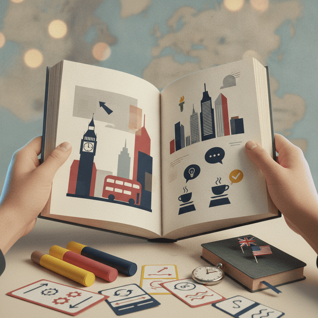 Mãos segurando livro ilustrado com cenas de Londres e Nova York, cartões de estudo, bandeiras do Reino Unido/EUA ao fundo desfocado.