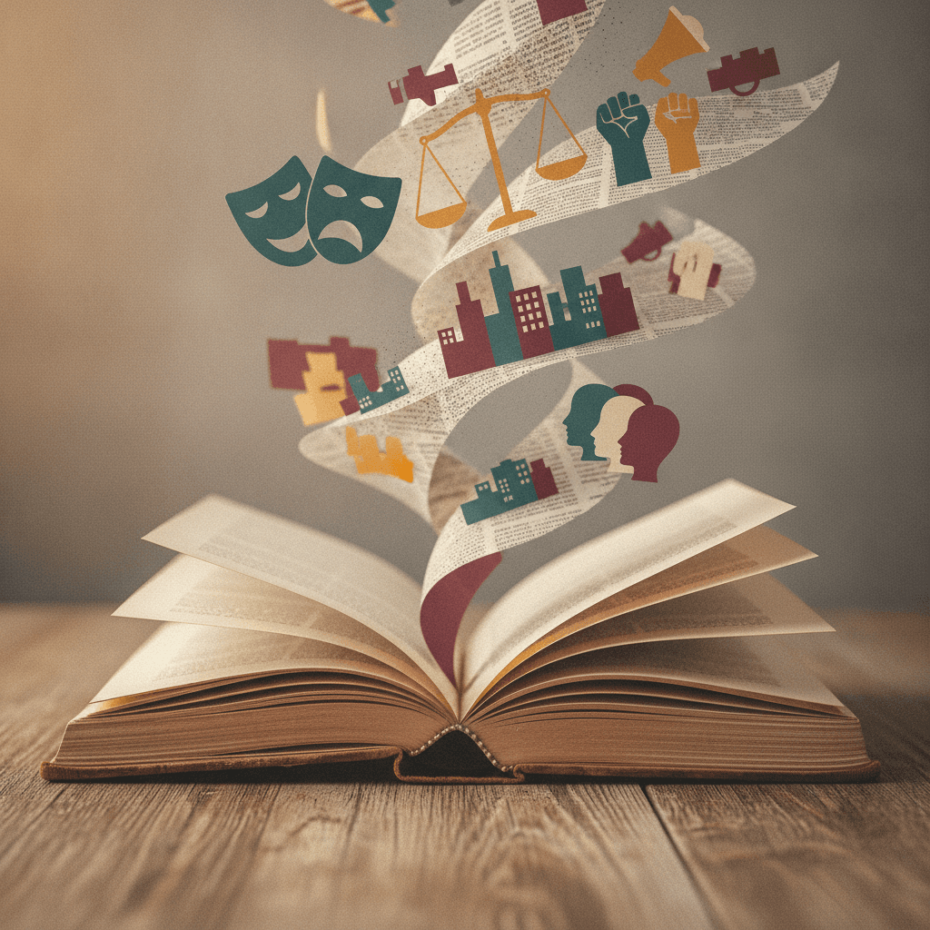 Livro aberto com elementos simbólicos flutuando (máscaras, balança, megafone, cidade, silhuetas) representando a função social da literatura.