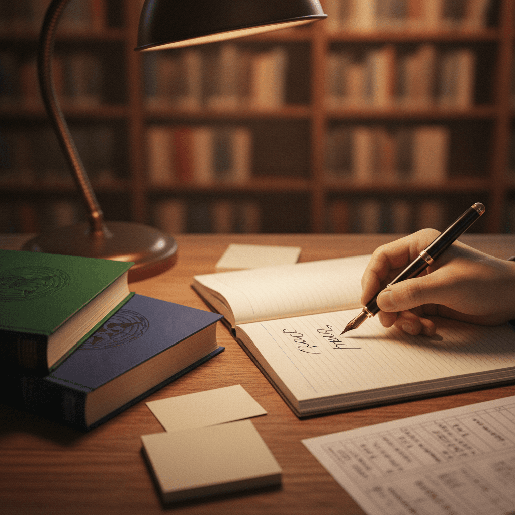 Mão escrevendo em caderno com livros jurídicos ao lado, representando uso da Constituição e da Declaração como repertório para redação.
