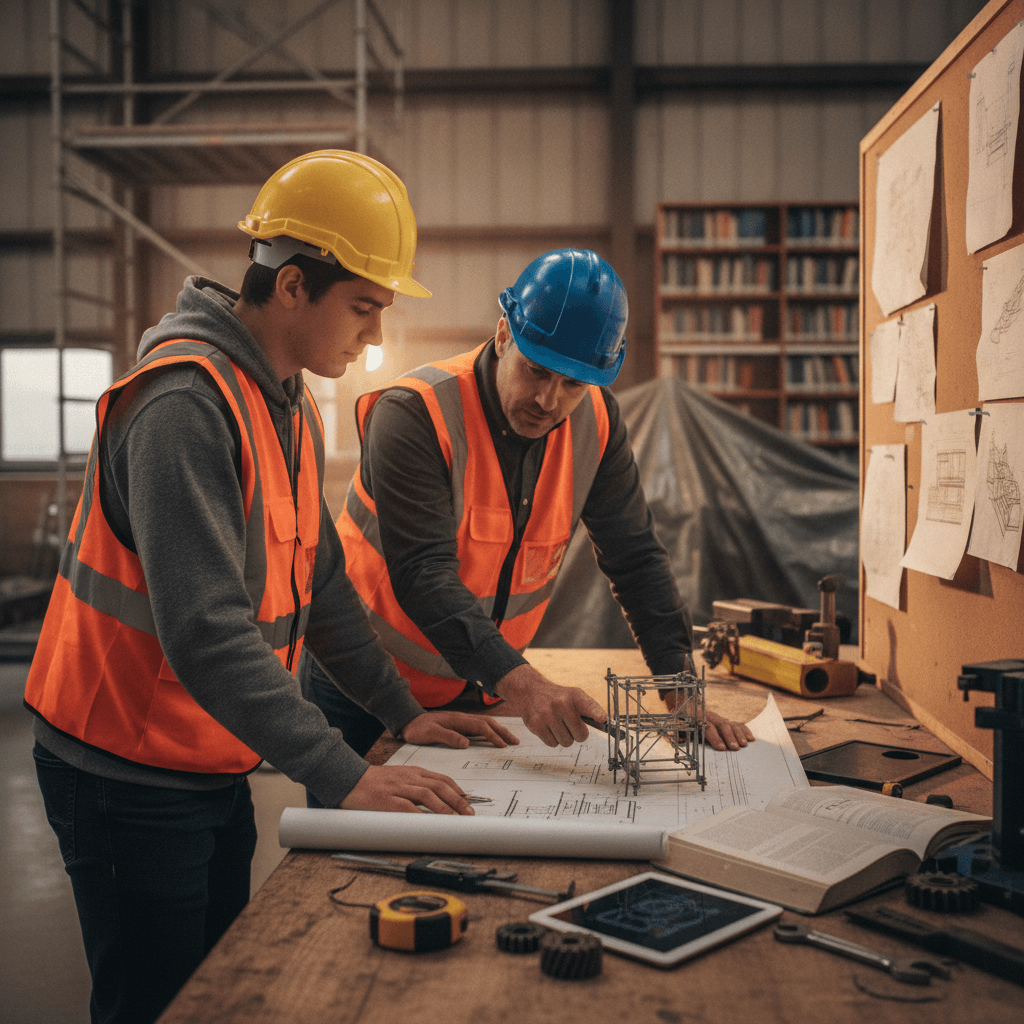 Estudante de engenharia em ambiente prático, examinando planta e protótipo com engenheiro mentor, livros e ferramentas ao redor.