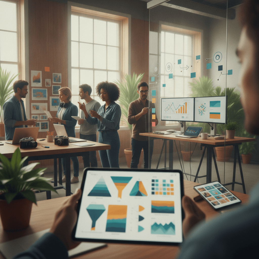 Equipe de marketing em estúdio moderno analisando dados e mapeando jornada do cliente, com telas de gráficos, tablet e moodboards.