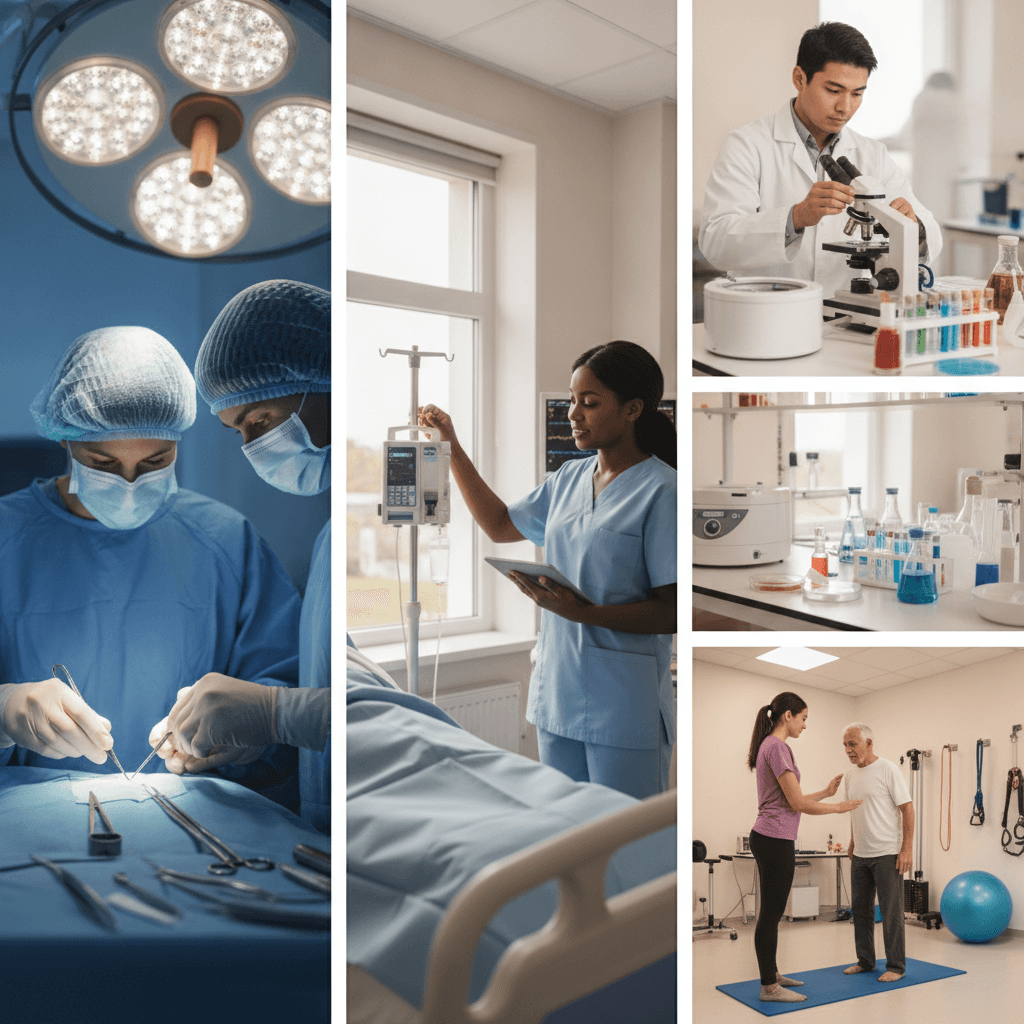 Colagem editorial de profissionais de saúde em ambientes diferentes — sala de cirurgia, enfermaria, laboratório e clínica de fisioterapia — mostrando rotinas distintas.