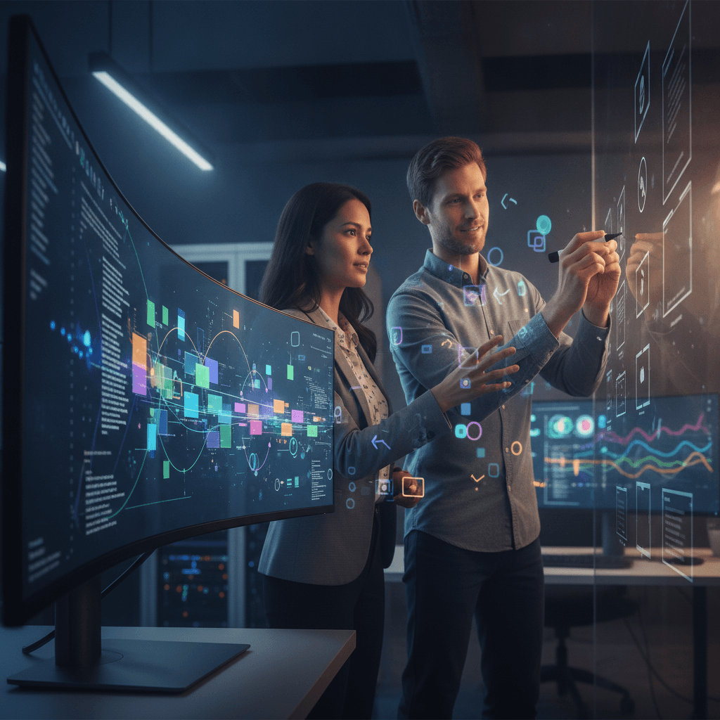 Dois profissionais de tecnologia colaborando em ambiente moderno: um em frente a um monitor com código abstrato e outro desenhando wireframes em vidro, com racks de servidores ao fundo.