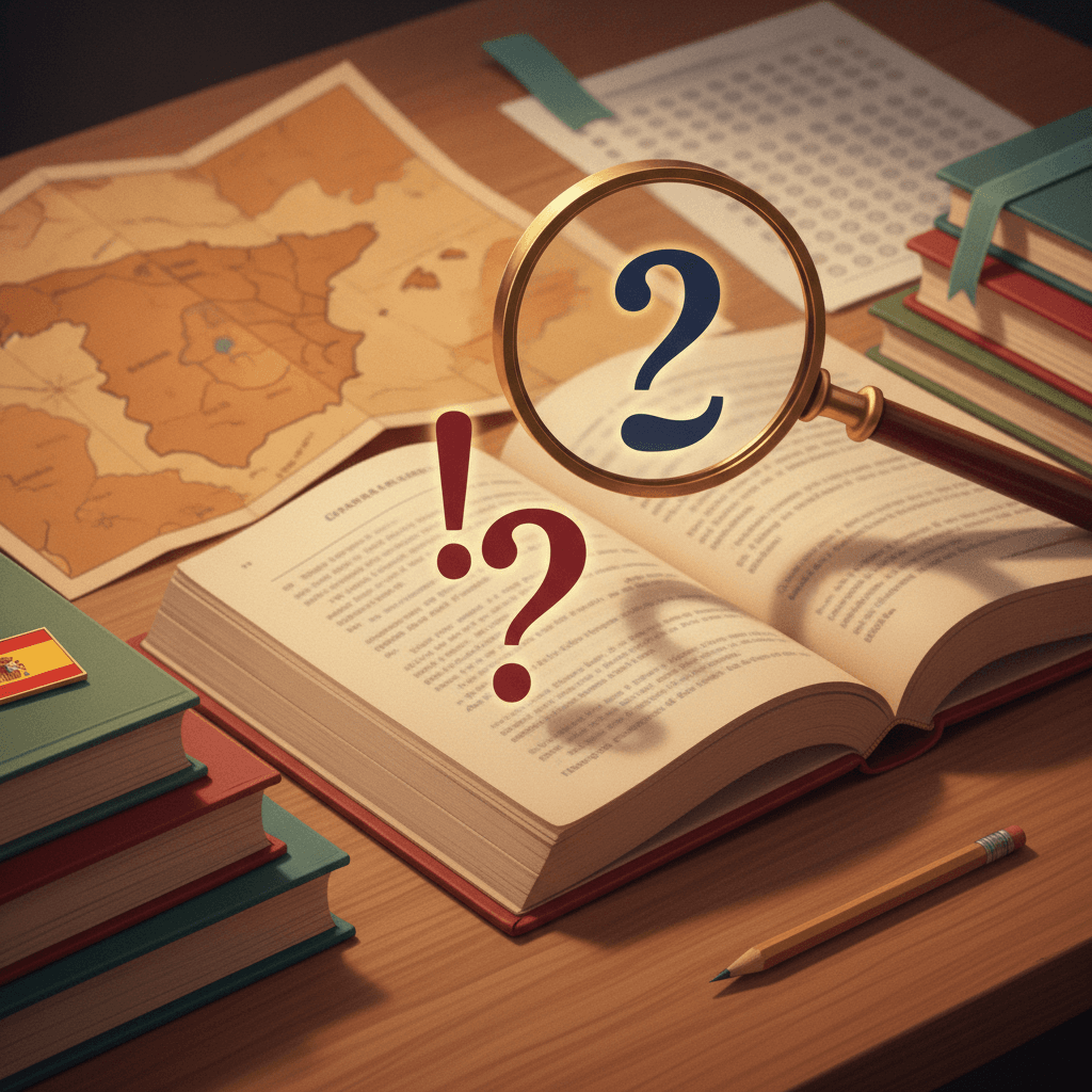 Ilustração editorial de livro de gramática espanhola com lupa destacando os sinais invertidos ¡ e ¿, livros e mapa ao fundo, sugerindo estudo para o ENEM.