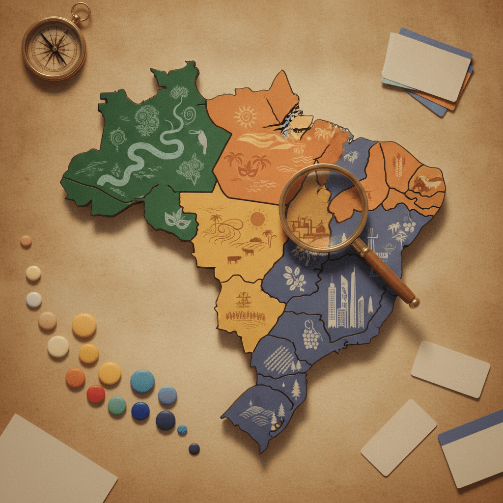 Ilustração editorial do mapa do Brasil dividido em cinco regiões coloridas com ícones regionais, lupa, bússola e fichas coloridas em sequência representando mapa mental em sete passos.