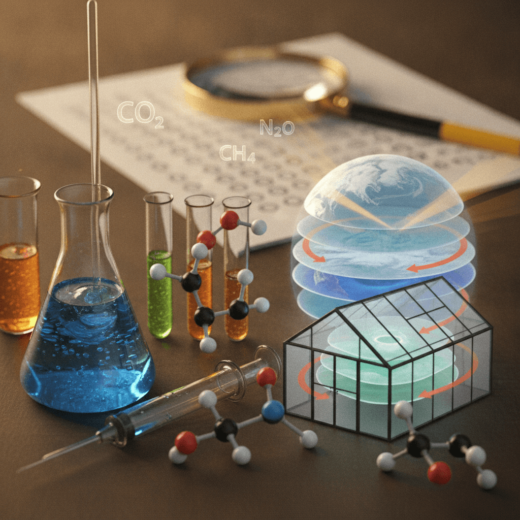 Ilustração editorial mostrando moléculas de gases do efeito estufa (CO2, CH4, N2O), vidrarias de laboratório e corte da atmosfera com setas indicando radiação solar e infravermelha; ao fundo, folha de prova de múltipla escolha desfocada.