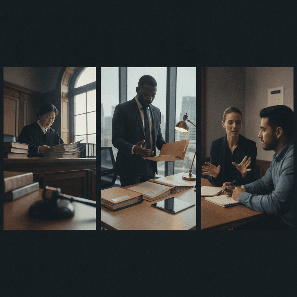 Fotografia editorial mostrando juiz no plenário, promotor revisando processos em escritório e defensor atendendo cliente, em composição triptych.