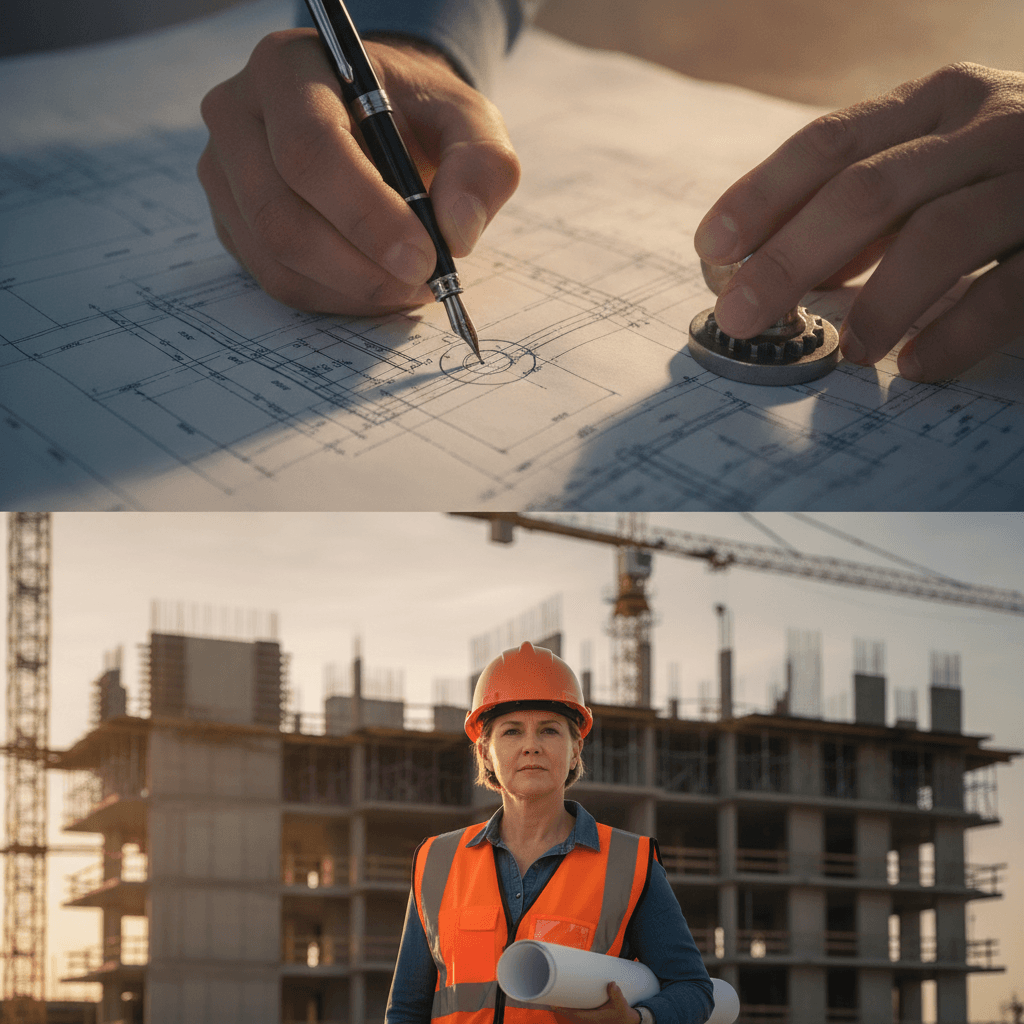 Engenheiro assinando e carimbando planta técnica no canteiro de obras com capacete e guindastes ao fundo.