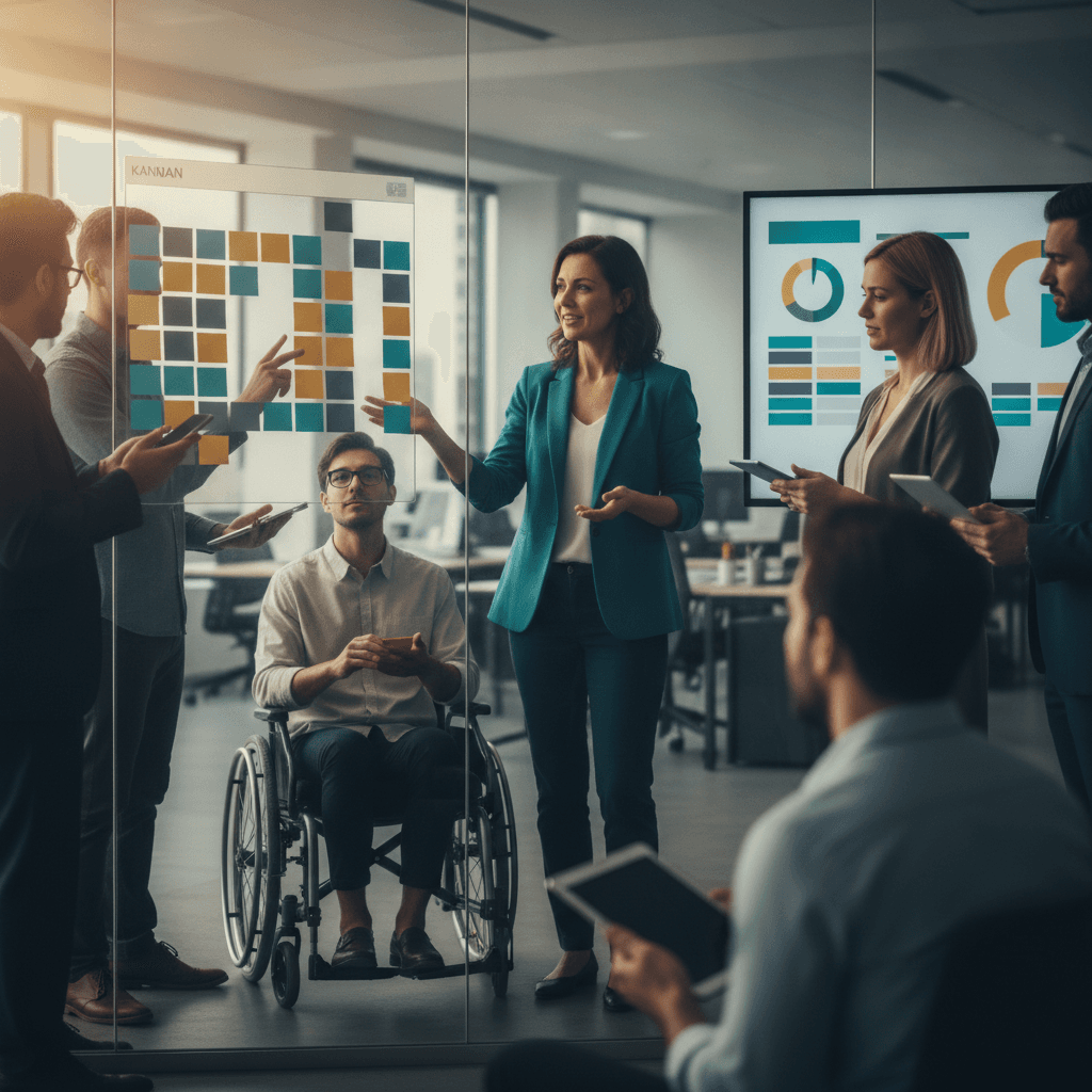 Líder inclusiva orientando equipe diversa em frente a quadro Kanban com cartões coloridos e painel digital com gráficos sem texto.