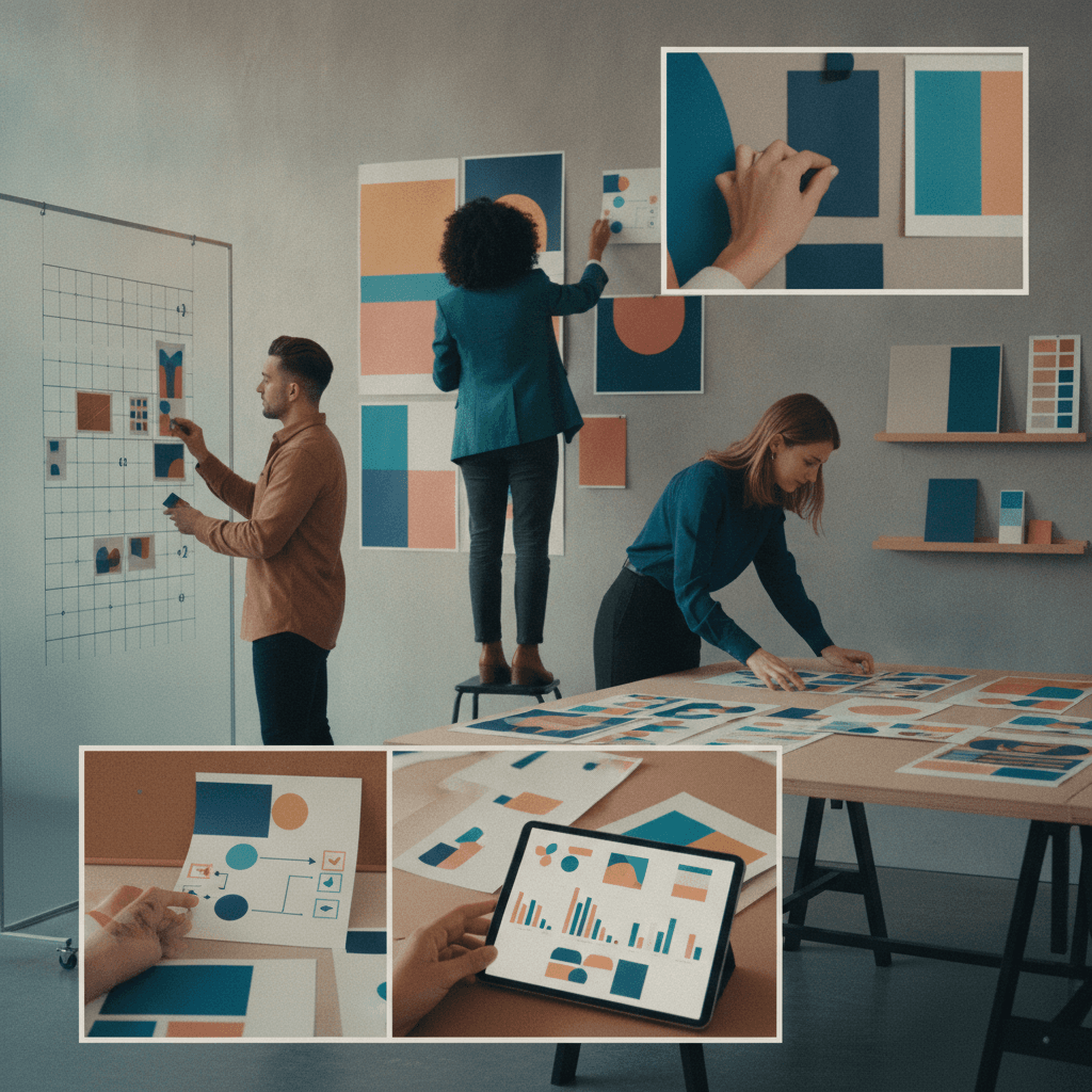 Profissionais de marketing montando portfólio em estúdio com mockups, moodboards e dashboards abstratos sem texto.