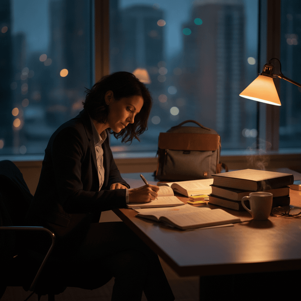 Profissional estudando à noite no escritório, com livros, caderno e janela para a cidade ao fundo.