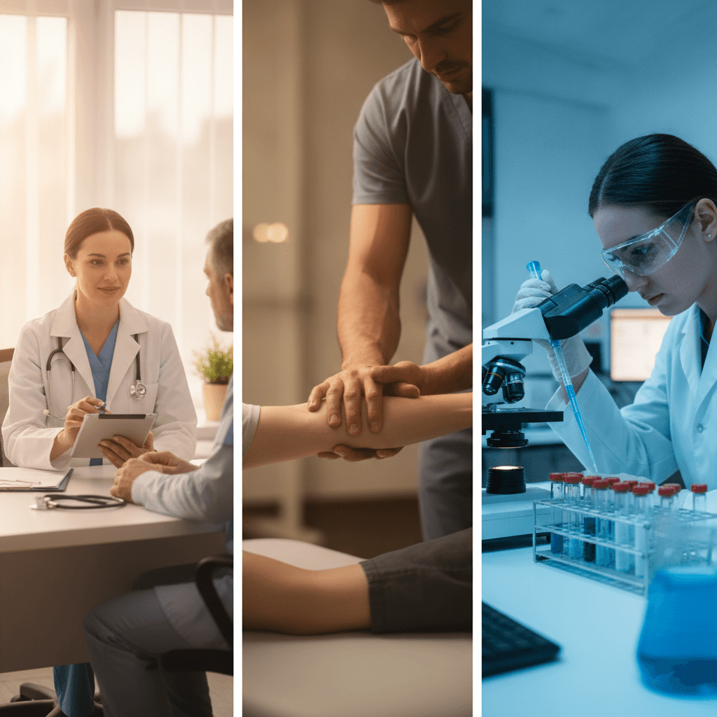 Montagem editorial mostrando profissionais de saúde trabalhando em clínica, fisioterapia e laboratório, enfatizando ambientes sem plantão.