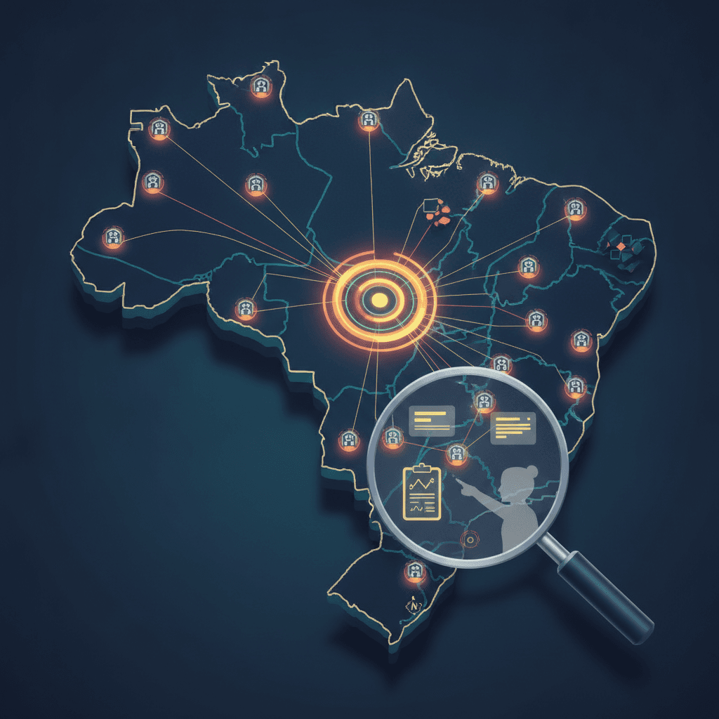 Ilustração editorial de mapa do Brasil com rede de escolas conectadas por nós luminosos, lupa destacando um cluster e ícones de escola e gráficos sem texto.
