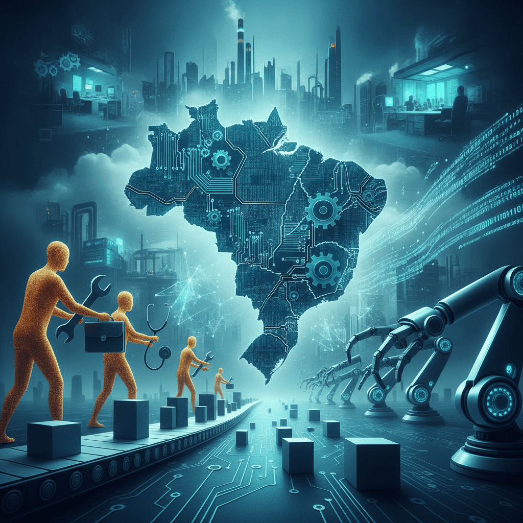 Ilustração editorial do Brasil em circuito com figuras humanas e braços robóticos simbolizando IA e automação no trabalho.