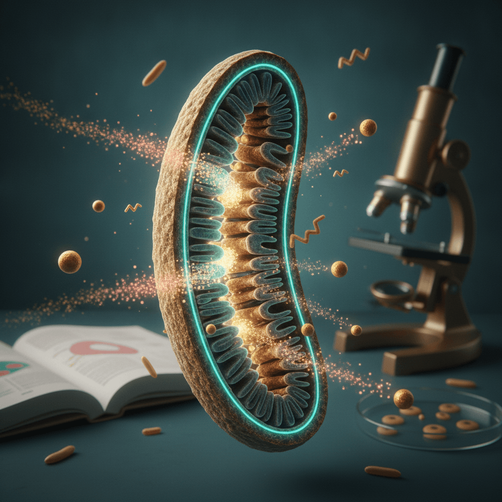 Ilustração editorial em close-up de uma mitocôndria em corte com cristas e esferas douradas simbolizando ATP, com microscópio e livro de biologia desfocados ao fundo.