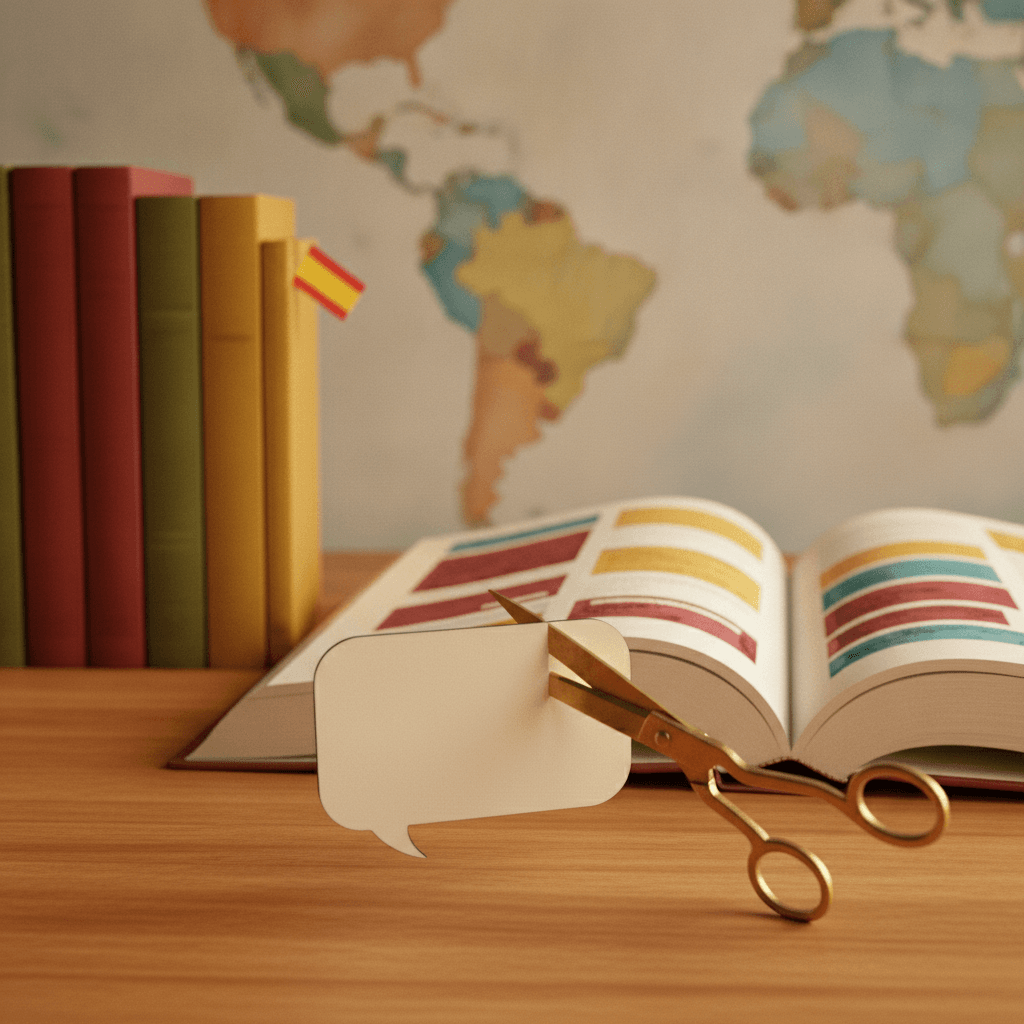 Ilustração editorial close-up: tesoura cortando cartão de estudo em frente a livro de gramática em espanhol, com mapa da Península Ibérica e América Latina ao fundo; sem texto.