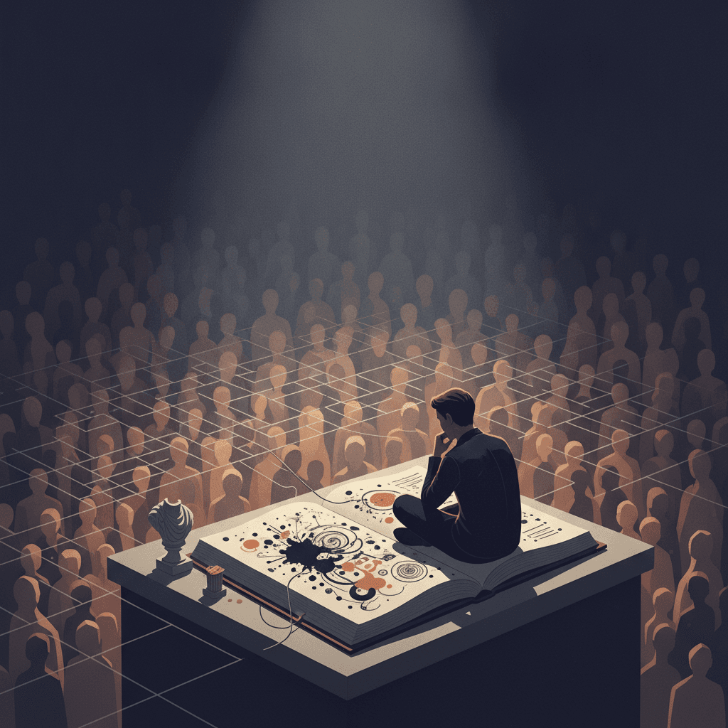 Ilustração editorial de uma pessoa contemplativa diante de uma multidão estilizada, com livro aberto e fios simbólicos conectando indivíduo e massa, representando responsabilidade em massa.
