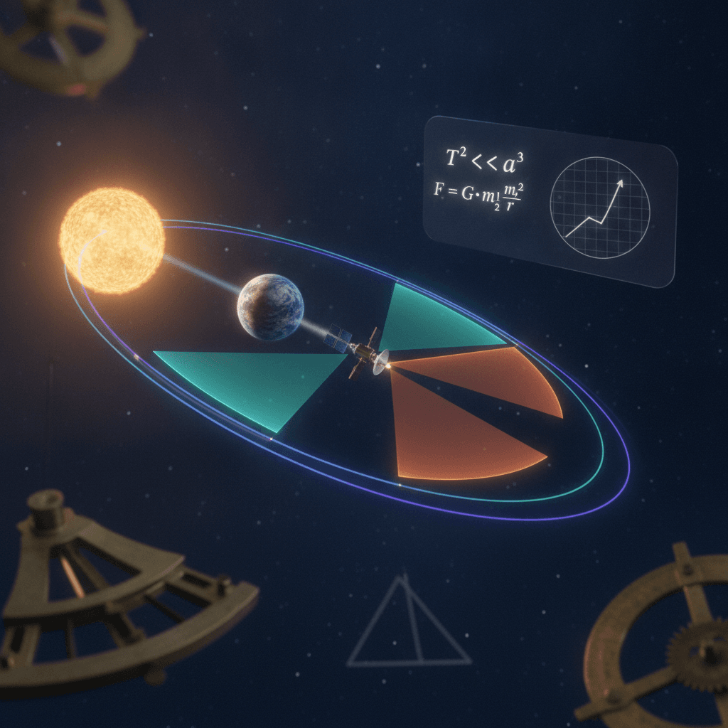 Ilustração editorial de órbita elíptica com satélite, setores que mostram a segunda lei de Kepler e fórmulas de Kepler e gravitação.
