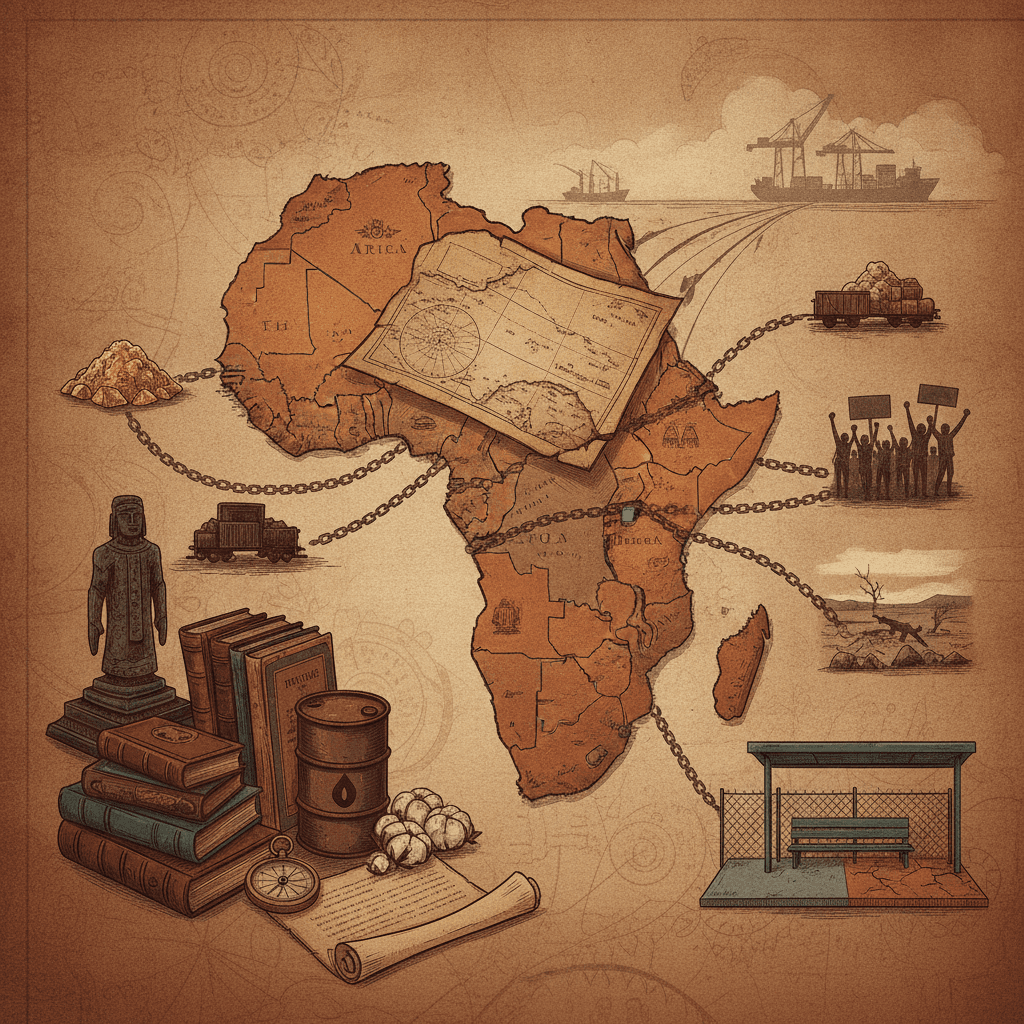 Ilustração editorial mostrando mapa da África em peças de quebra-cabeça, com fronteiras coloniais, correntes ligando recursos a portos estrangeiros e vinhetas de conflitos internos e segregação.