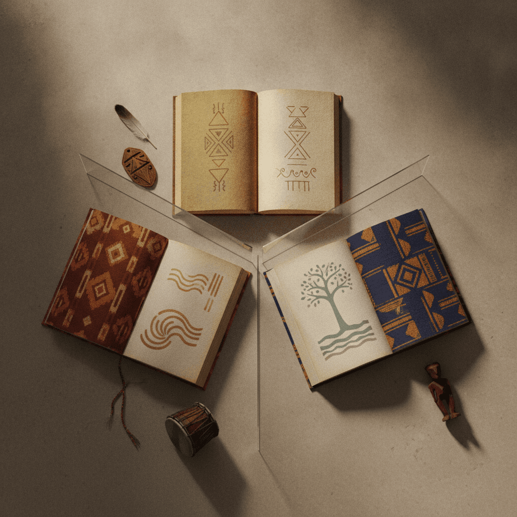 Ilustração editorial de três livros abertos representando, com capas e papéis distintos, a literatura indígena, afro-brasileira e africana, separados por divisores translúcidos.