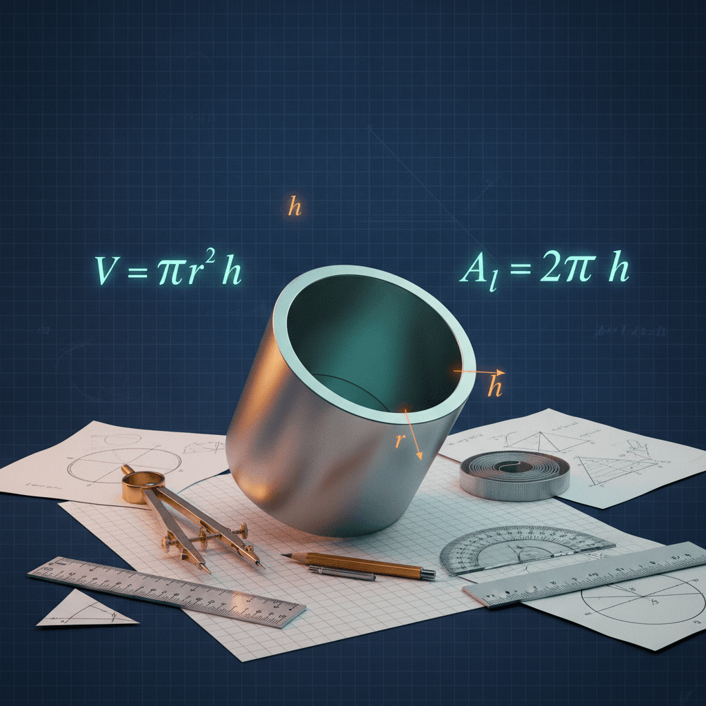 Ilustração editorial de um cilindro 3D recortado com as fórmulas V = π r² h e A_l = 2π r h, régua e compasso sobre papel quadriculado.