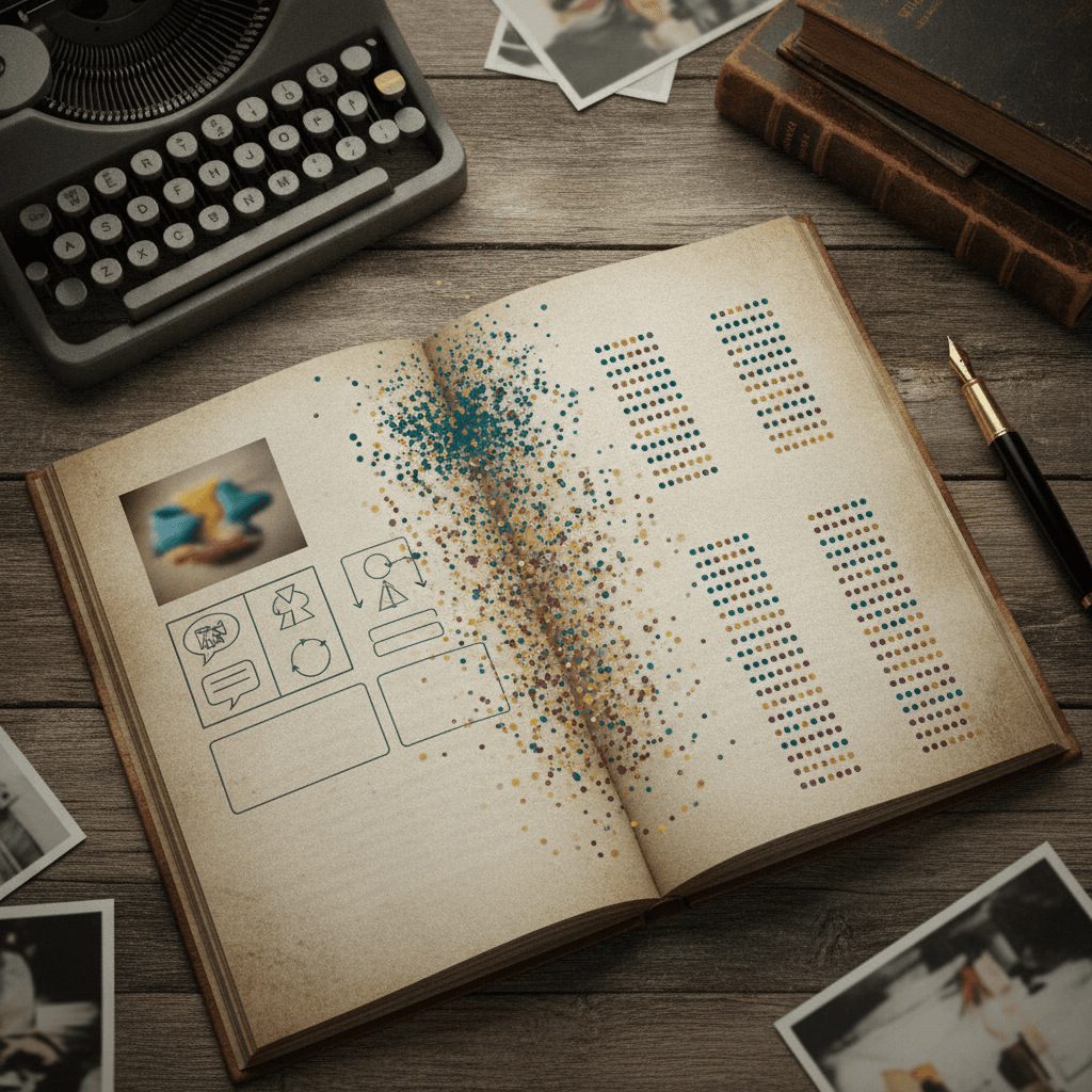 Ilustração editorial mostrando imagens se transformando em pontos sobre uma prova de Linguagens, com máquina de escrever e livros desfocados ao fundo.
