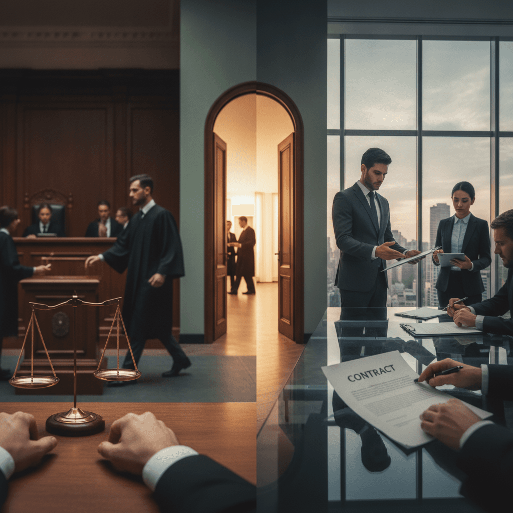 Fotografia editorial mostrando a transição do tribunal para um escritório in‑house: advogados em ação, balança da justiça e um corredor iluminado conectando os ambientes, sem textos.