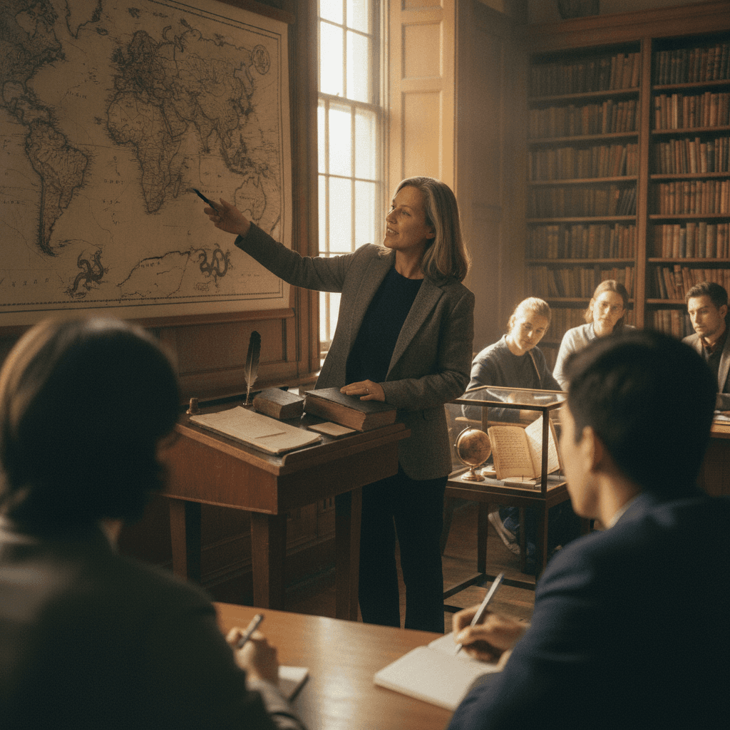 Professor de História em sala universitária gesticulando diante de um mapa antigo, alunos anotando em cadernos e prateleiras com livros antigos e artefatos.