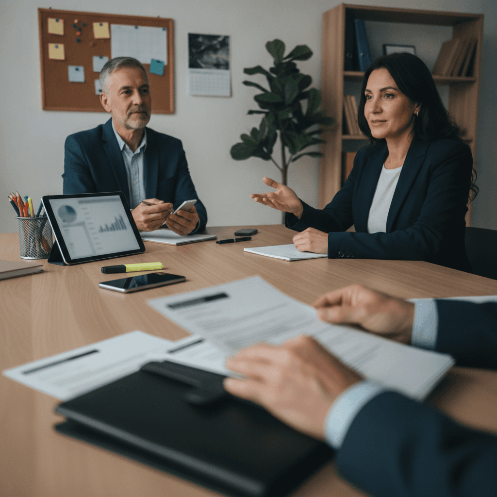 Profissional revisando currículo e praticando entrevista com mentor em escritório organizado, quadro de tarefas e materiais de busca de emprego ao fundo.