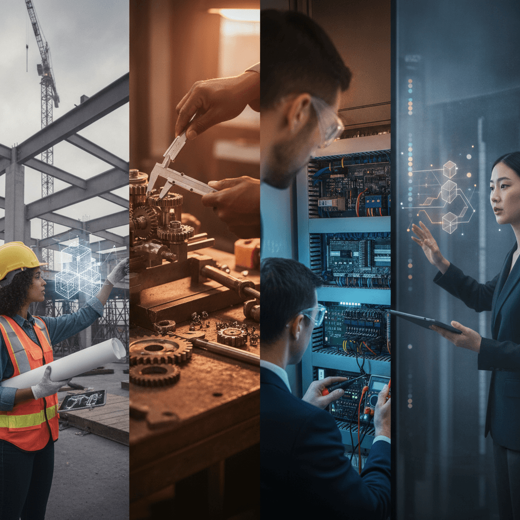Engenheiros de diferentes áreas trabalhando: civil no canteiro, mecânico na oficina, elétrico em painel e de sistemas junto a servidores.