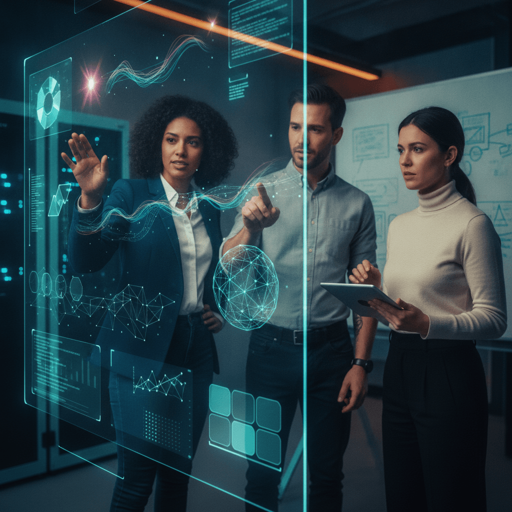 Equipe de Martech interagindo com uma interface holográfica que mostra gráficos, fluxos de dados e módulos de ferramentas em um escritório moderno.