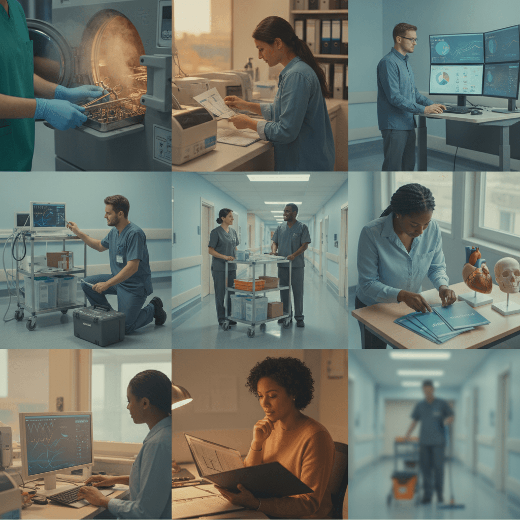 Montagem editorial com profissionais da saúde sem jaleco trabalhando nos bastidores: técnico de esterilização, técnico biomédico, arquivista de prontuários, logística e educador em saúde.