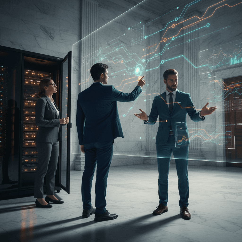 Profissionais de tecnologia em ambiente corporativo tradicional com servidores e painel digital, representando transformação digital.