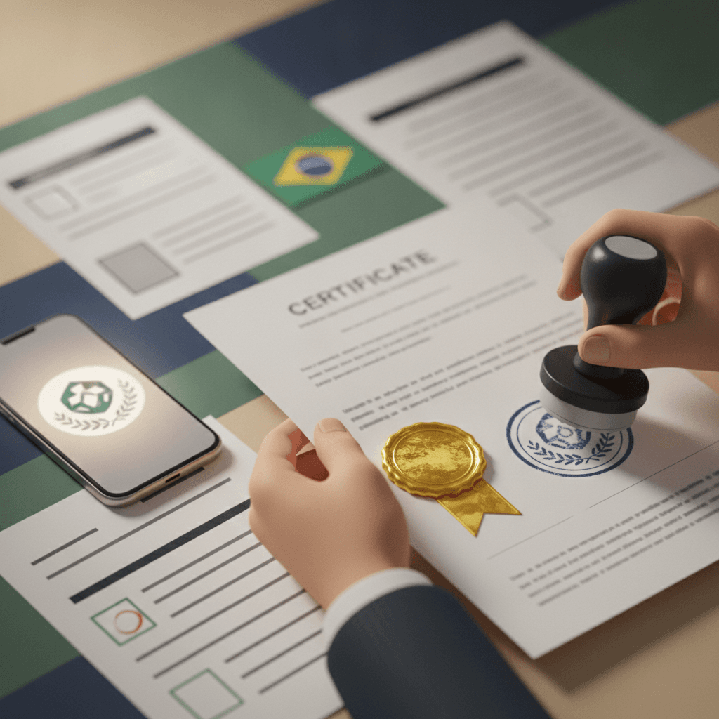 Ilustração editorial de certificado do Encceja sendo carimbado, com documentos, celular e selo oficial sem texto.