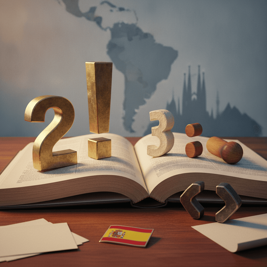 Sinais de pontuação espanhóis 3D sobre livro de gramática com mapa da Espanha ao fundo e pin da bandeira espanhola.