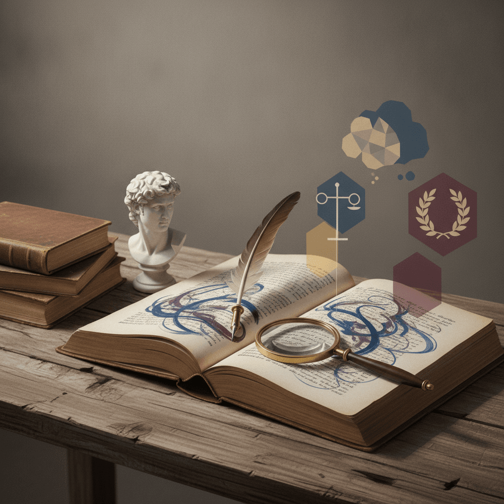 Ilustração editorial de um livro de poemas aberto com lupa, pena e busto clássico ligados por sobreposições gráficas a símbolos filosóficos.