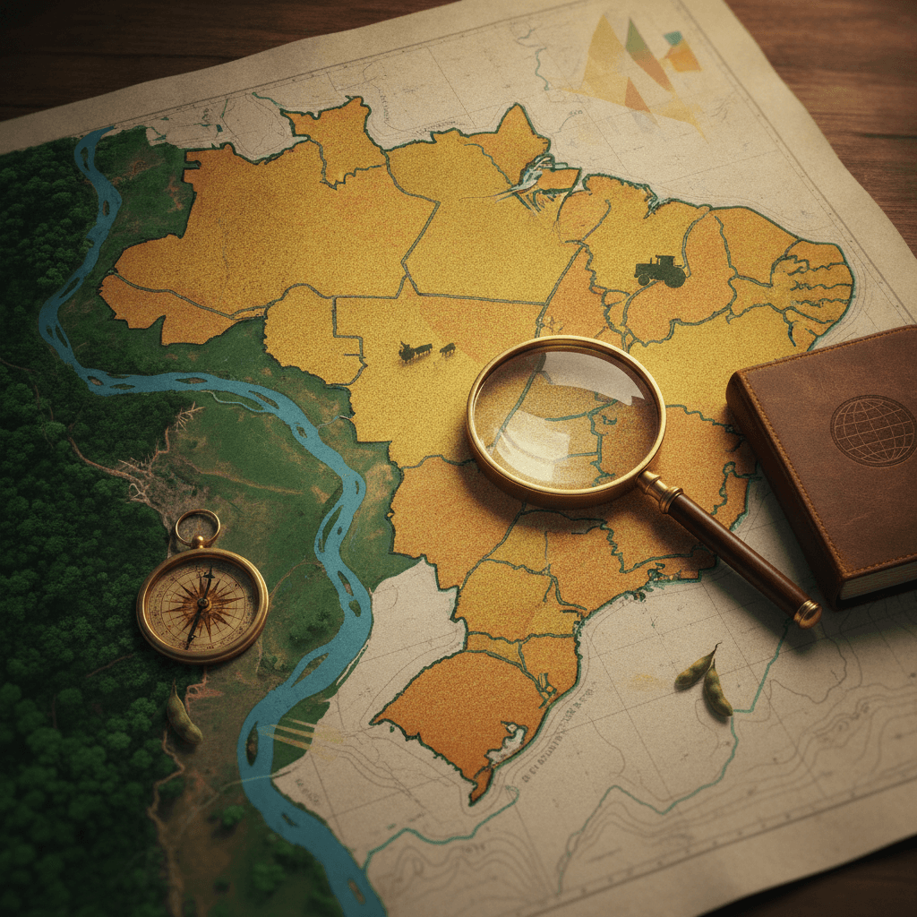 Ilustração editorial de mapa do Brasil mostrando a expansão da fronteira agrícola sobre floresta e Cerrado, com campos, trator, rio, bússola e lupa em estilo educativo.