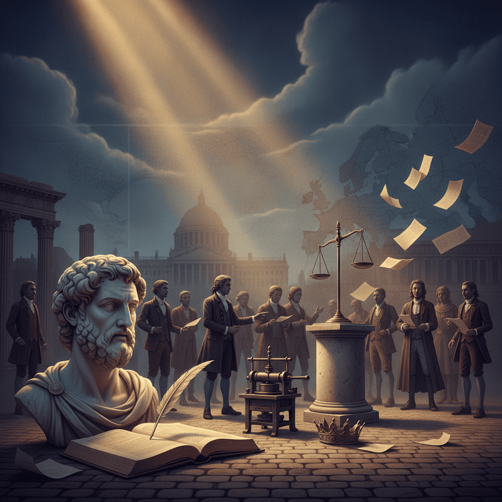 Ilustração editorial do Iluminismo: busto de filósofo, imprensa com panfletos, multidão na praça, colunas e coroa caída simbolizando mudança no poder e cidadania.